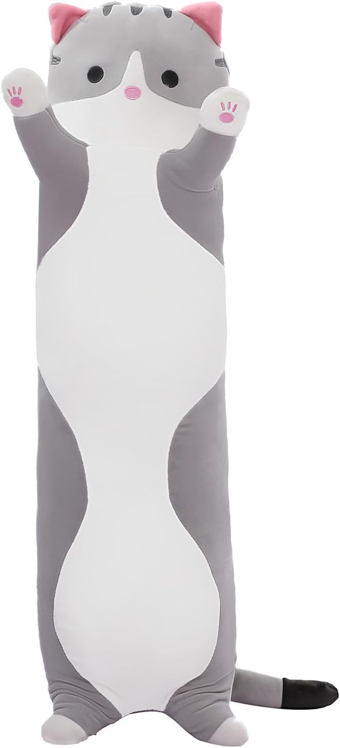 Cute Cat Plush Long Body Pillow – Soft Cartoon Stuffed Animal Doll, Kawaii Cat Plushie Cuddle Toy for Kids, Girls & Girlfriend (Gray, 43.3 Inch)