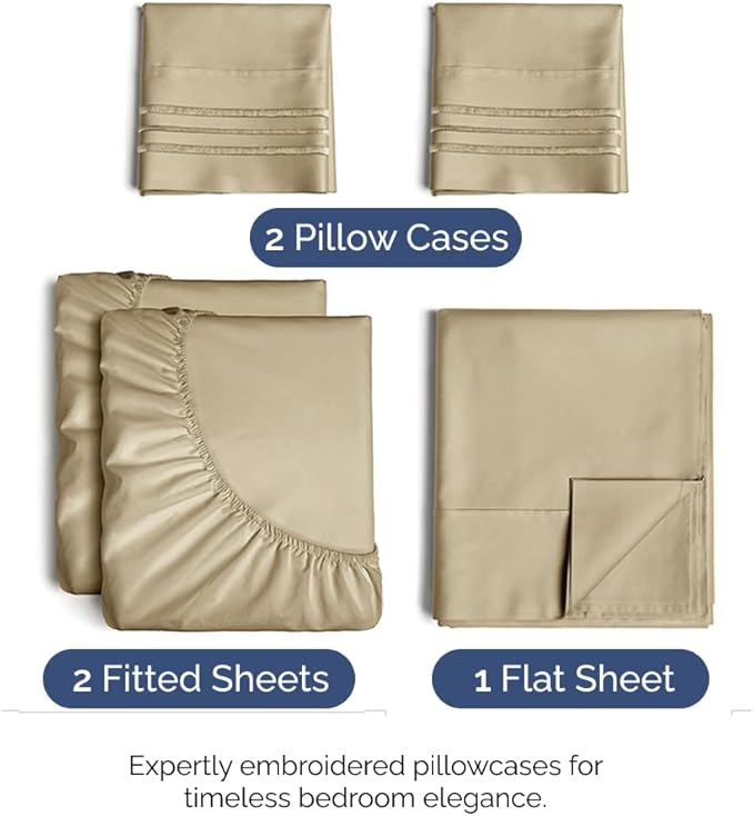 Split King Size 5 Piece Sheet Set - Comfy Breathable & Cooling Sheets - Hotel Luxury Bed Sheets for Women & Men - Deep Pockets, Easy-Fit, Soft and Wrinkle Free Sheets - Beige Oeko-Tex Bed Sheet Set