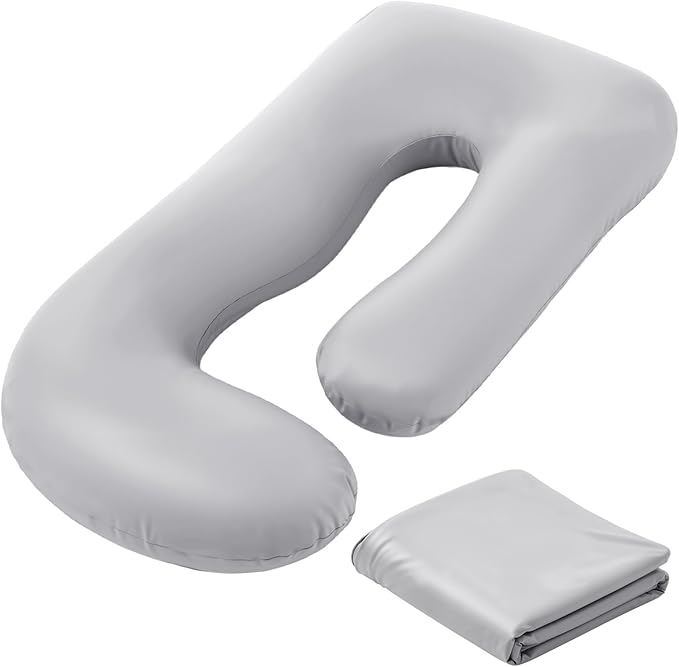 Hahafelt Cooling Pregnancy Pillow Cover (Only Pillowcase) 59 Inch Large J Shaped Full Body Pillowcase Maternity Stretchy Soft Breathable Cool Pillow Cover with Zipper for Side Sleeper (Gray)