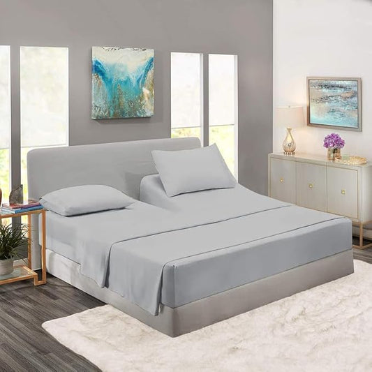 Rajlinen Top Split Head King Sheet Set for Adjustable Beds, Split King Flex Head Sheets, 34 Top Split, 100% Cotton, 16 Deep Pocket, Light Grey Solid