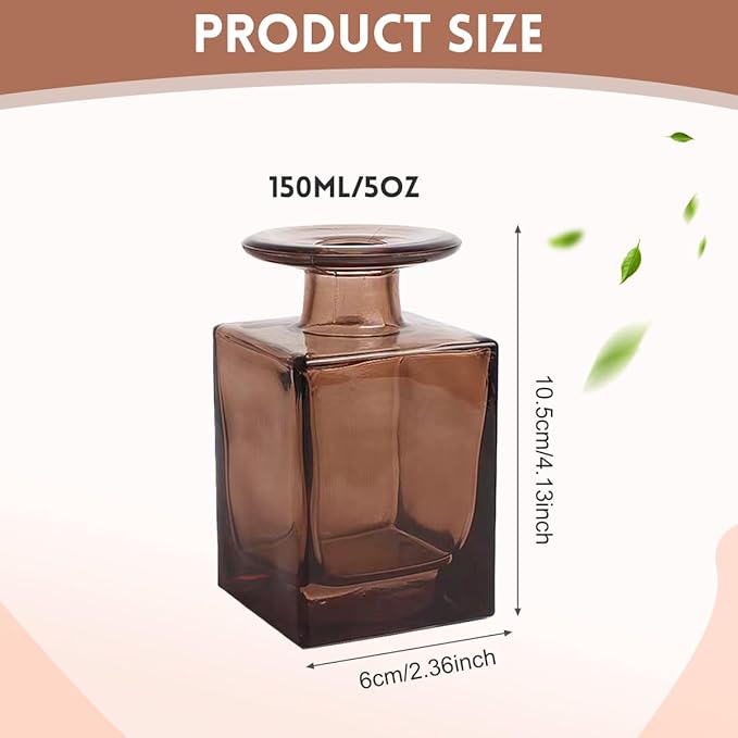 150ML/5OZ Square Glass Diffuser Bottles Empty Decorative Bottle Refillable Aromatherapy Container Fragrance Accessories for Home and Office(Brown)