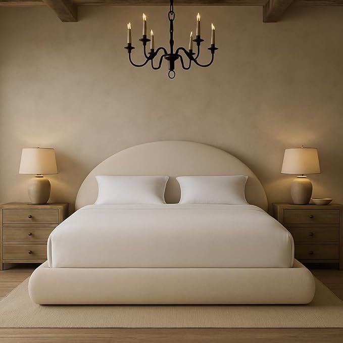 Round Bed – Washable Zip Cover - Upholstered Linen Soft Foam - Modular Minimalist Modern - Half Circle Moon - Sold Sold Separately (Cream Linen Premium, King Headboard)