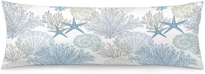 Beach Theme Body Pillow Cover,Nautical Blue Coral Starfish Ocean Marine Coastal,Long Pillow Case with Zipper Rectangle Bedding Pillowcase Decorative Soft Cushion Covers for Bedroom,20"x54",Teal Blue