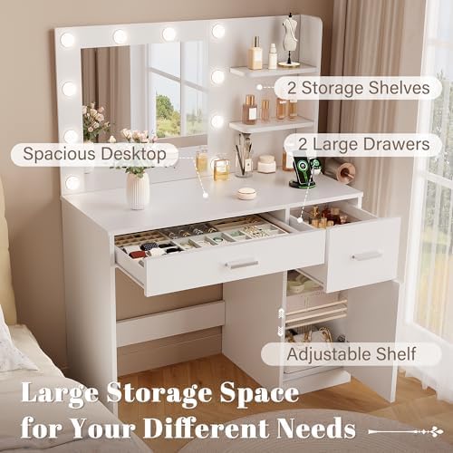 YESHOMY 35.4" Vanity Desk with Mirror & Lights, Makeup Vanity Table with Charging Station,3 Color Modes, 2 Drawers & Large Storage Cabinet with Open Shelves for Bedroom Dressing Room, Classic White