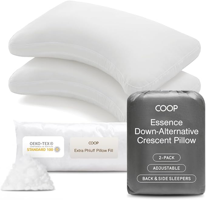 Coop Home Goods Essence Crescent Down Alternative Pillow Set of 2, King Size, Adjustable, Plush & Breathable Pillow, Luxury Hotel Pillow for Side and Back Sleepers, Oeko-TEX Standard 100