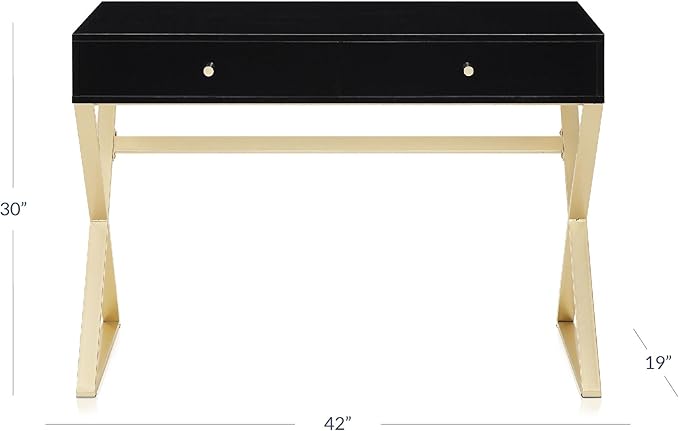 BELLEZE Modern 42 Inch Makeup Vanity Dressing Table or Home Office Computer Laptop Writing Desk with Two Storage Drawers, Wood Top, and Gold Metal Frame - Ellena (Black)