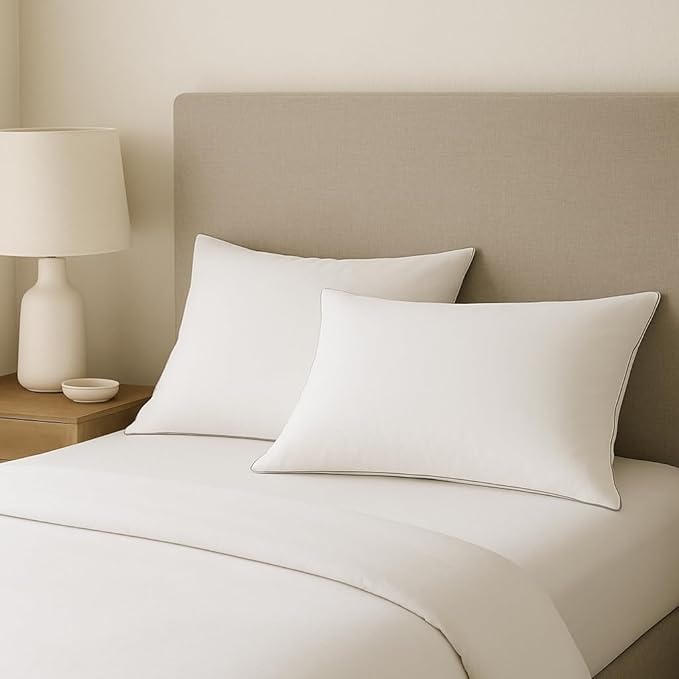 4 Pack Queen Size Bed Pillows for Sleeping – Soft & Supportive Down Alternative Pillows with Gray Piping, Easy to Wash, Hypoallergenic Sleeping Pillows for Side and Back Sleepers