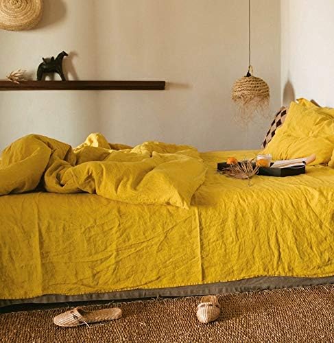 Simple&Opulence 100% Linen Duvet Cover Set 3pcs Basic Style Natural French Washed Flax Solid Color Soft Breathable Farmhouse Bedding with Button Closure - Mustard Yellow, Queen