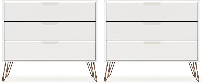 Manhattan Comfort Rockefeller 3-Drawer Dresser Set of 2, Entryway Wood Storage Cabinet, 32 Inch TV Stand Console Table, Anti Tip Kit Included for Bedroom, Nursery, Dorm, Living Room in White