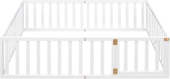 Bellemave Full Size Montessori Floor Bed with 21.7" High Rails, Pine,Plywood Floor Bed with Small Door, White