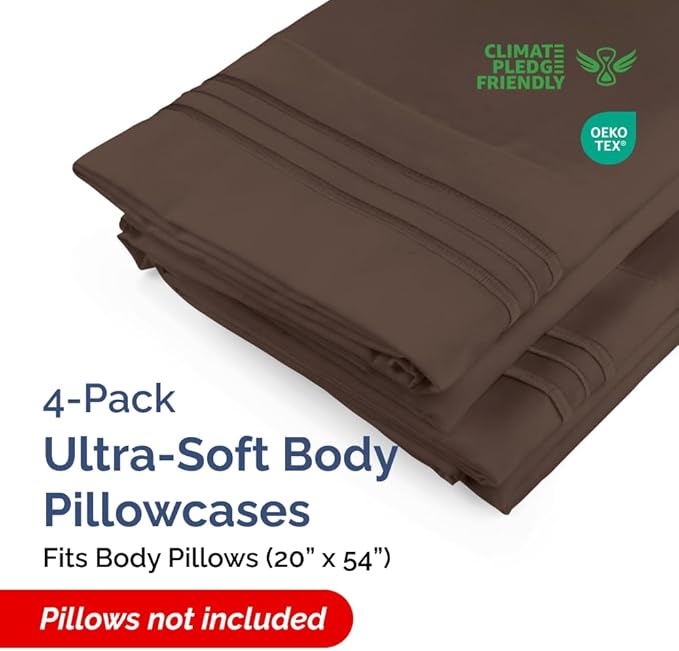 Body Pillowcases Set of 4-20x54 Long Body Pillow Case - Soft Body Pillow Cover for Sleeping & Side Sleepers - Comfy, Cozy Breathable & Fade Free - Machine Washable w/Envelope Enclosure - (Brown)