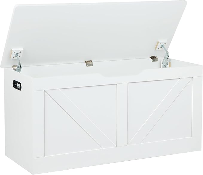 Timberer 39.4" Storage Chest, Wooden Storage Bench, Large Storage Trunk with 2 Safety Hinges, Entryway Shoes Bench for Living Room, Bedroom, White