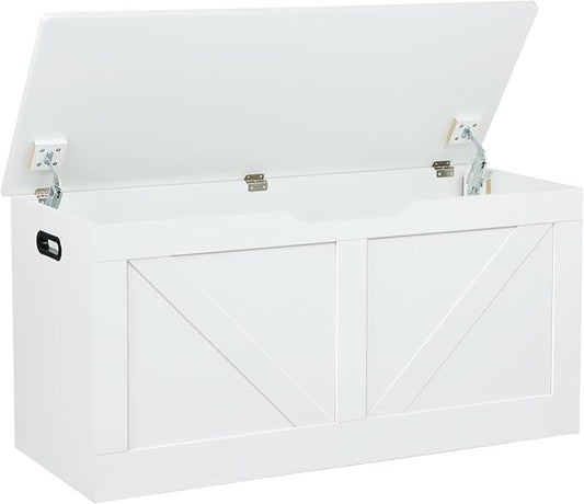 Timberer 39.4" Storage Chest, Wooden Storage Bench, Large Storage Trunk with 2 Safety Hinges, Entryway Shoes Bench for Living Room, Bedroom, White