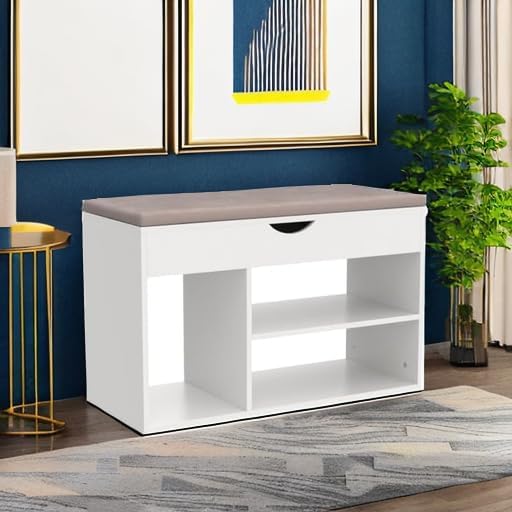 Apicizon 31 Inches Storage Bench with Padded Cushion, Shoe Bench with Storage Space, Upholstered Entryway Bench for Living Room, 2-Tier Shoe Rack Organizer, White