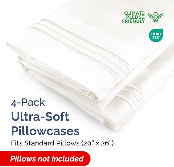 Standard Pillow Cases Set of 4 - Ultra Soft Hotel Quality Pillowcase Covers - Comfy Bedding for Women, Men, Kids & Teens - Machine Washable Pillow Protectors - 4 Piece - Standard Size Antique White