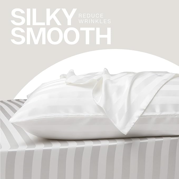 MR&HM Satin Pillowcase for Hair and Skin, Silk Satin Pillowcase 2 Pack, Standard Size Pillow Cases Set of 2, Silky Pillow Cover with Envelope Closure (20x26, Ivory Striped)
