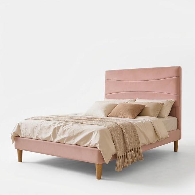 IDEALHOUSE Twin XL Upholstered Platform Bed Frame with Ergonomic Headboard, Beige Soft Fabric, Heavy Duty Wooden Slats, Noise-Free, 6.3" Underbed Storage, No Box Spring Needed, Easy Assembly