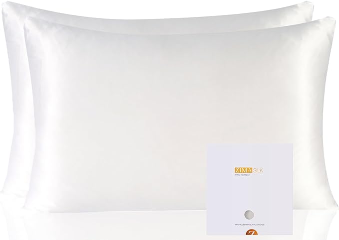 ZIMASILK 100% Pure Mulberry Silk Pillowcase 2 Pack, Soft and Smooth,Both Sides Premium Grade 6A Silk,600 Thread Count,with Hidden Zipper for Men and Women Family (Standard 20"x26", White)