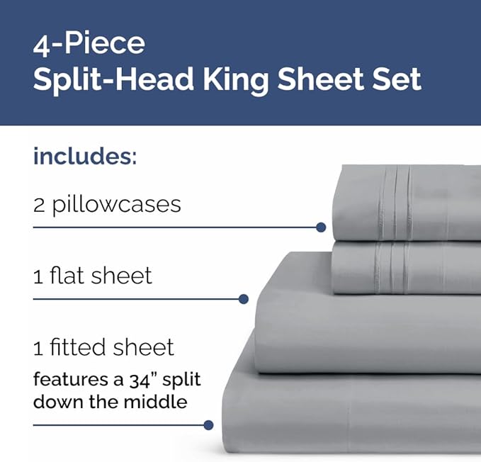 Flex Top Split Head King 4 Piece Sheet Set - Ultra-Soft, Breathable & Cooling Bed Sheets Set - Hotel Luxury Bedding for Women & Men with Deep Pockets - Wrinkle and Fade Free - Oeko-Tex - Steel Blue