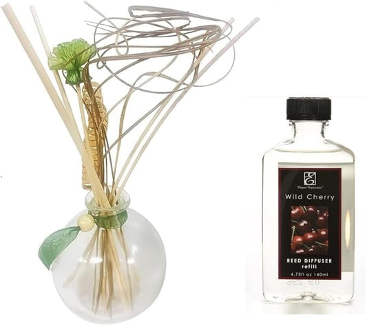 Hosley Glass Diffuser Sets Include a Glass Bottle with Reeds and 140ml Wild Cherry Scent Premium Refill Diffuser Oil. Ideal Gift for Weddings, Spa, Reiki, Meditation, Bathroom