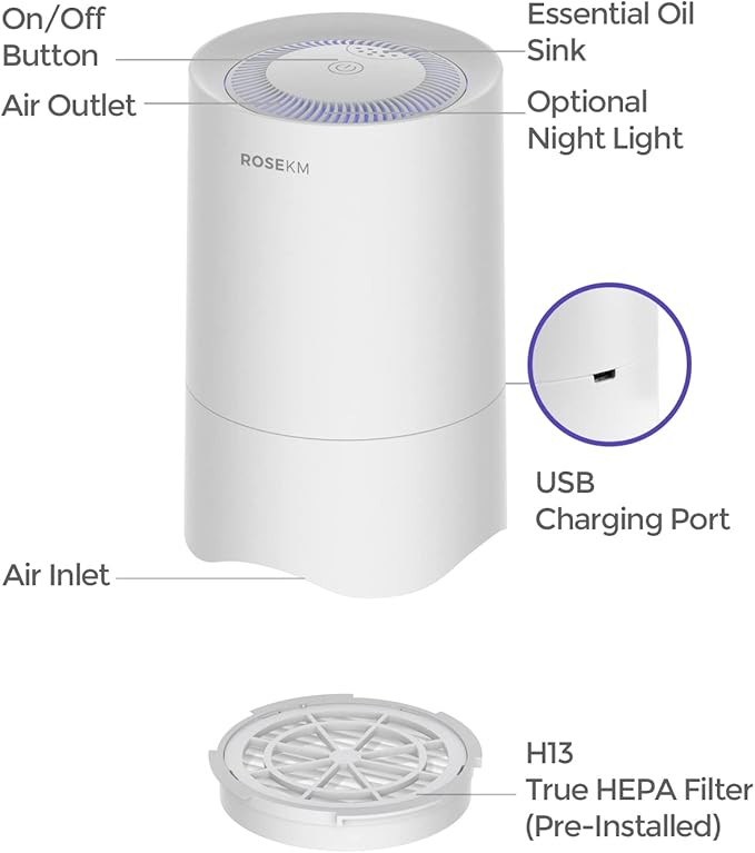 Rosekm Small Air Purifier for Home Bedroom, Personal Desk Mini Air Purifier, Room Hepa Air Purifier Fresheners Cleaner for Dorm, Pets, Smoke, Desktop, Office (2 Pack)