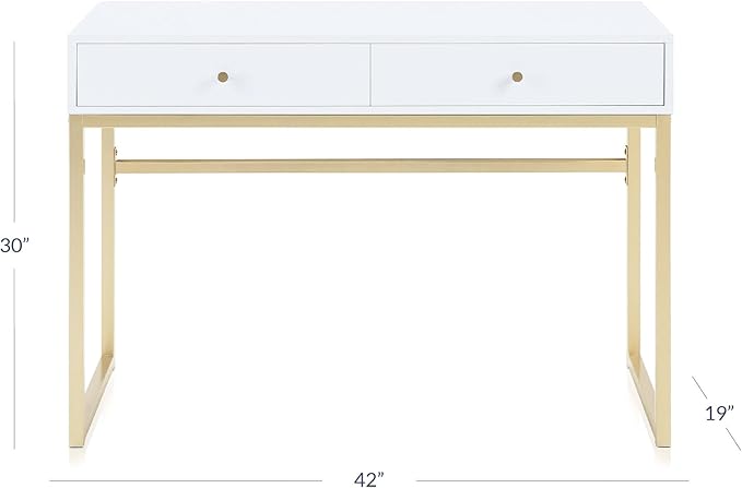 BELLEZE Modern 42 Inch Makeup Vanity Dressing Table or Home Office Computer Laptop Writing Desk with Two Storage Drawers, Wood Top, and Gold Metal Frame - Bronte (White)