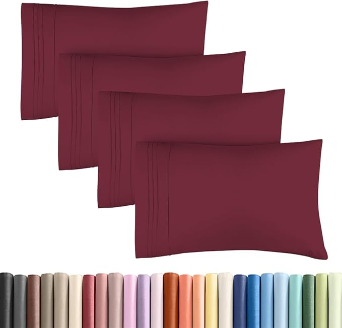 Standard Pillow Cases Set of 4 - Ultra Soft Hotel Quality Pillowcase Covers - Comfy Bedding for Women, Men, Kids & Teens - Machine Washable Pillow Protectors - 4 Piece Set - Standard Size Burgundy