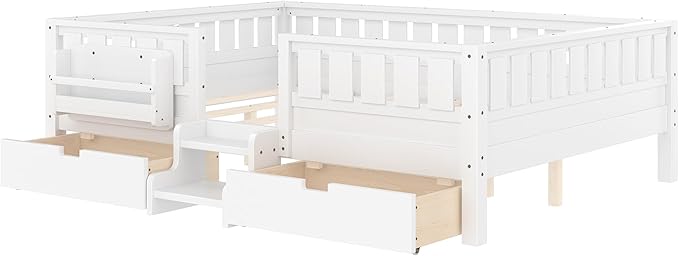 Bellemave Queen Size Kids Montessori Bed with Stairs and Bookshelf,Solid Wood Queen Size Kids Bed Frame with Drawers and Storage for Girls Boys,Low-Profile,White