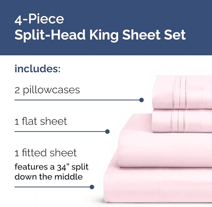 Flex Top Split Head King 4 Piece Sheet Set - Ultra-Soft, Breathable & Cooling Bed Sheets Set - Hotel Luxury Bedding for Women & Men with Deep Pockets - Wrinkle & Fade Free - Oeko-Tex - Lavender Pink