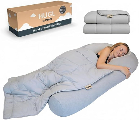 Plufl Hugl Cooling Body Pillow & Breeze Cooling Blanket Set | U-Shaped Memory Foam Pillow for Side Sleepers & Pregnancy | Lightweight Cooling Comforter for Hot Sleepers | Washable Covers | Cool Gray