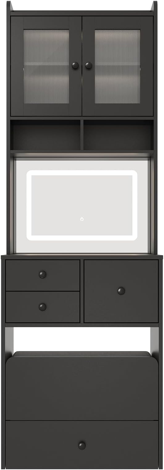 GarveeLife Compact Vanity, Make Up Vanity Desk with Mirror and Lights, White Vanity Table Set with Charger Station,Girls Small Vanity and Storage Chair