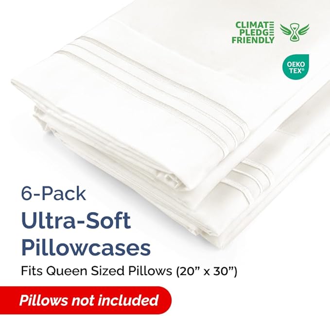 Queen Pillow Cases Set of 6 - Ultra Soft Hotel Quality Pillowcase Covers - Comfy & Wrinkle Free - Shrink, Stain and Fade Resistant - Machine Washable Pillow Protectors - 6 Piece Set - Antique White