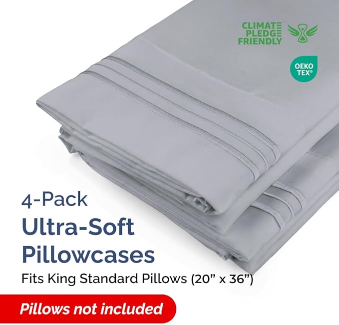 King Standard Pillow Cases Set of 4 - Soft Hotel Quality Pillowcase Covers - Comfy Bedding for Women, Men, Kids & Teens - Machine Washable Pillow Protectors - 4 Piece Set - King Standard Steel Blue