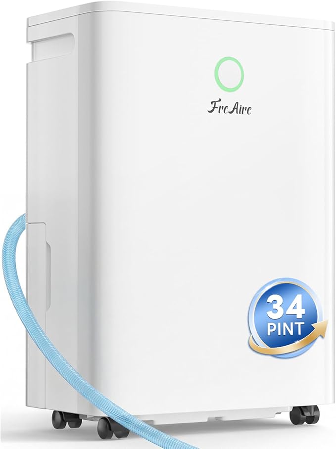 FreAire 2500Sq.Ft Dehumidifier, 34Pint Dehumidifiers for Home, Quiet Dehumidifier for Basement, Bedroom, Bathroom, with 6.56FT Drain Hose, 0.53Gal Water Tank, 3-Color Humidity Light