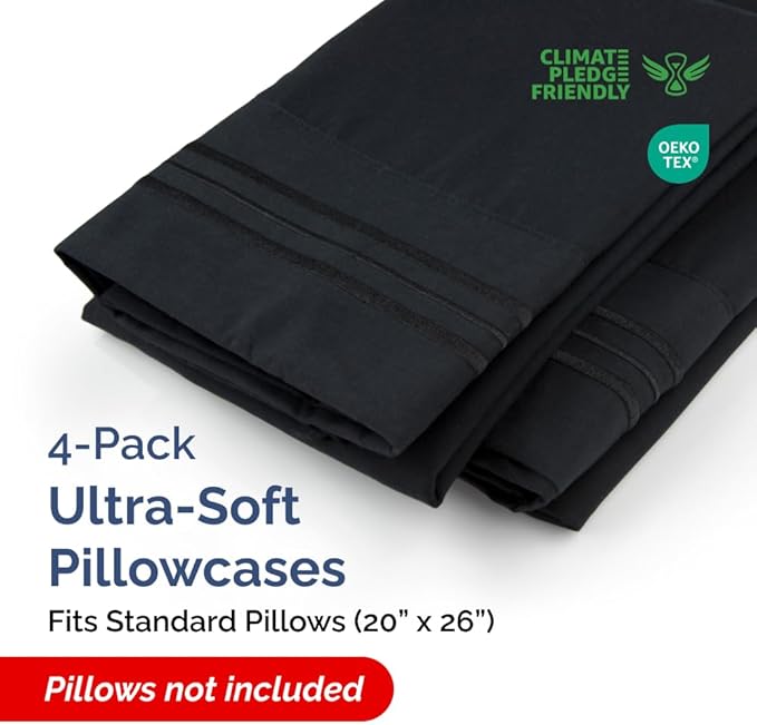 Standard Pillow Cases Set of 4 - Ultra Soft Hotel Quality Pillowcase Covers - Comfy Cozy Bedding for Women, Men, Kids & Teens - Machine Washable Pillow Protectors - 4 Piece Set - Standard Size Black