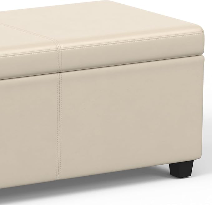 SIMPLIHOME Avalon Extra Large Storage Ottoman Bench - 54 inch Wide Upholstered Vegan Leather Rectangular Lift-Top Ottoman in Satin Cream, Contemporary Bench for Living Room with Hidden Storage