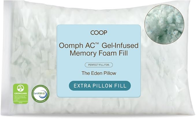Coop Home Goods Extra Oomph AC Fill, Gel-Infused Memory Foam & Poly Fill, Extra Fill Bag, Refill for Eden Memory Foam Pillow, GREENGUARD Gold and CertiPUR-US Certified