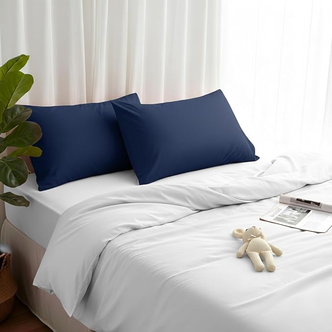 Brushed Microfiber Pillow Cases Standard Size Pillow Case-Envelope Closure Pillowcases Standard Set of 2,Cooling & Moisture Wicking,Wrinkle Resistant Bed Pillowcases 20" X 26"(Standard,Navy Blue)