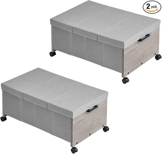 FOUCSSOMEI Under Bed Storage with Wheels,Under Bed Drawers Heavy Duty, 2 Packs, Wooden Under Bed Storage Containers Organizer, Metal Frame, Patented Design