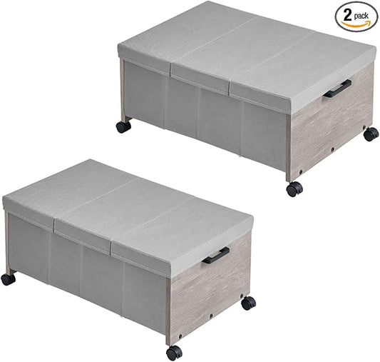 FOUCSSOMEI Under Bed Storage with Wheels,Under Bed Drawers Heavy Duty, 2 Packs, Wooden Under Bed Storage Containers Organizer, Metal Frame, Patented Design