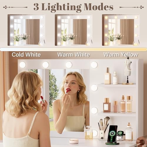 YESHOMY 35.4" Vanity Desk with Mirror & Lights, Makeup Vanity Table with Charging Station,3 Color Modes, 2 Drawers & Large Storage Cabinet with Open Shelves for Bedroom Dressing Room, Classic White