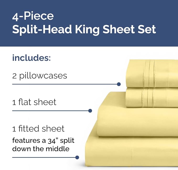Flex Top Split Head King 4 Piece Sheet Set - Ultra-Soft, Breathable & Cooling Bed Sheets Set - Hotel Luxury Bedding for Women & Men w/ Deep Pockets - Wrinkle Free & Fade Resistant - Oeko-Tex - Yellow