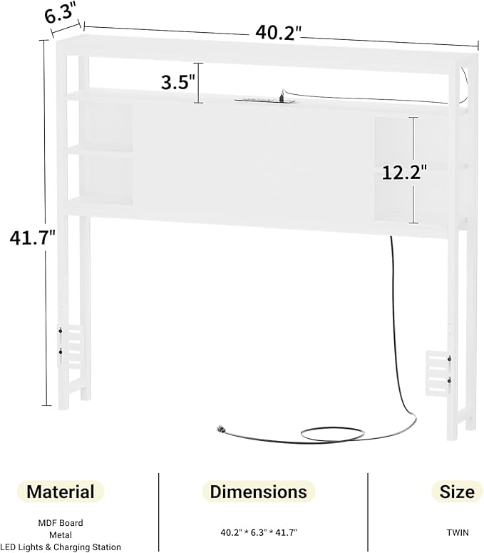 Unikito Twin Headboard with Storage, Headboard with Power Outlets and Smart LED Lights, Sturdy Head Board for Twin Size Bed, Stable Headboards Only for Bedroom, Dorm Room, Guest Room, White