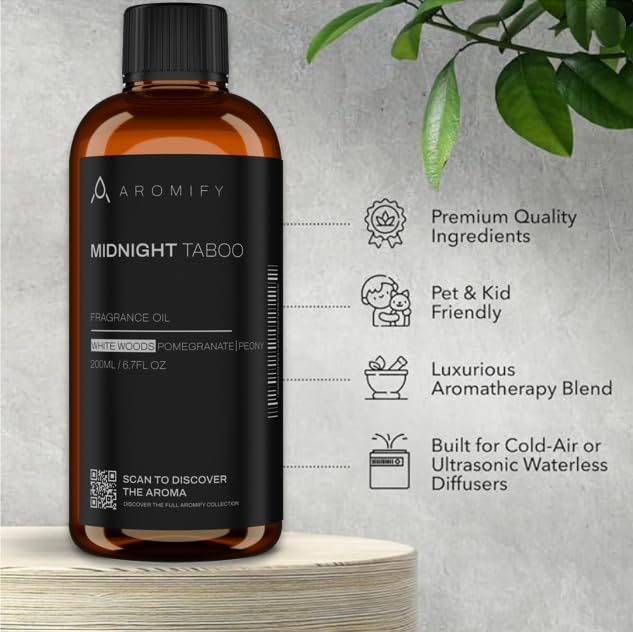 Midnight Taboo Diffuser Oil, Inspired by Luxury Hotels, 6.7 Fl Oz 200 mL, Hotel Scent for Home, Office, Bathroom & Spa, Aromatherapy Essential Oil, Lemon & Pomegranate Scents.