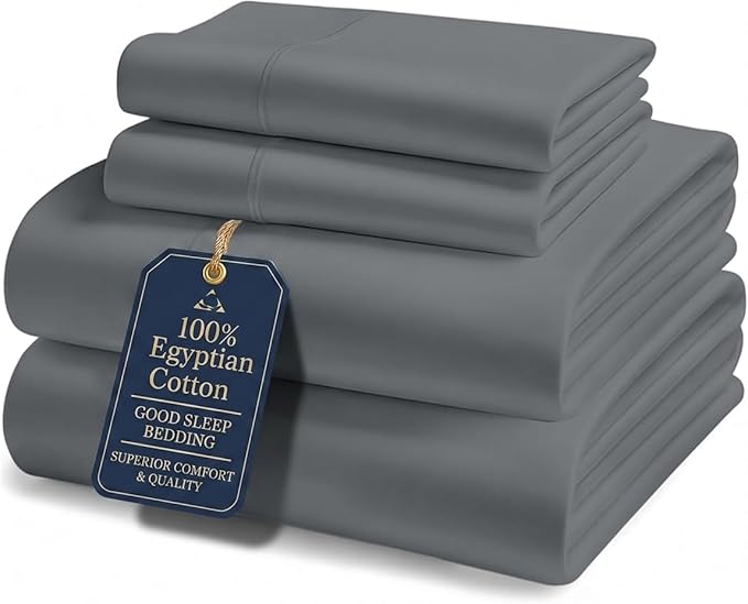 Good Sleep Bedding California King Sheet Sets, 4 Piece, 100% Egyptian Cotton Cal King Sheet Set, Sateen Weave, Ultra-Soft, 16" Deep Pocket California King Sheet Set - Dark Gray
