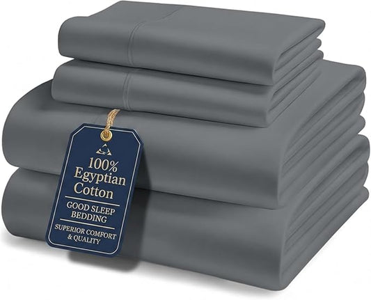 Good Sleep Bedding California King Sheet Sets, 4 Piece, 100% Egyptian Cotton Cal King Sheet Set, Sateen Weave, Ultra-Soft, 16" Deep Pocket California King Sheet Set - Dark Gray