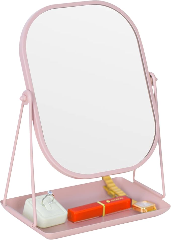 Tstarer Rotating Metal Makeup Mirror with Storage, Vanity Mirror for Desk, Bathroom, Bedroom, Dressing Table (Pink)