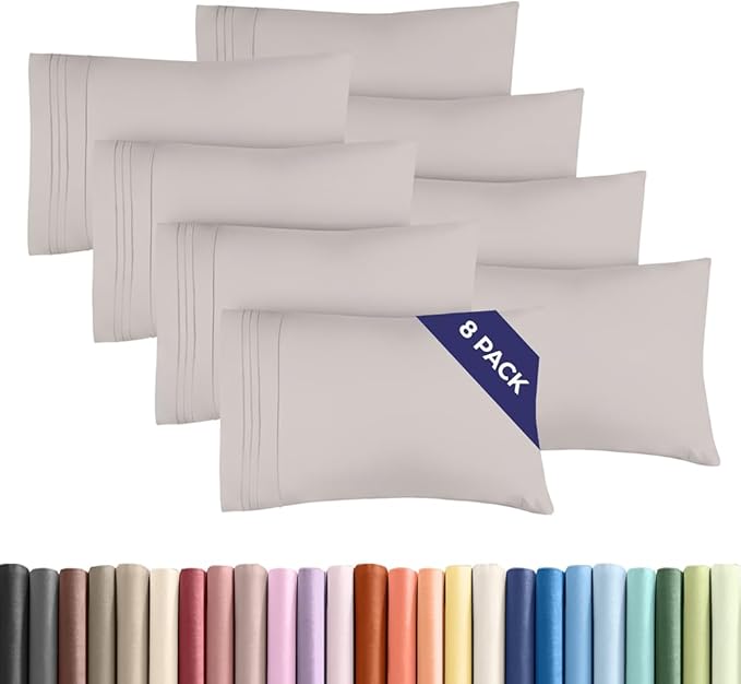 Standard Pillow Cases Set of 8 - Ultra Soft Hotel Quality Pillowcase Covers - Comfy & Wrinkle Free - Shrink, Stain and Fade Resistant - Machine Washable Pillow Protectors - 8 Piece Set - Light Grey