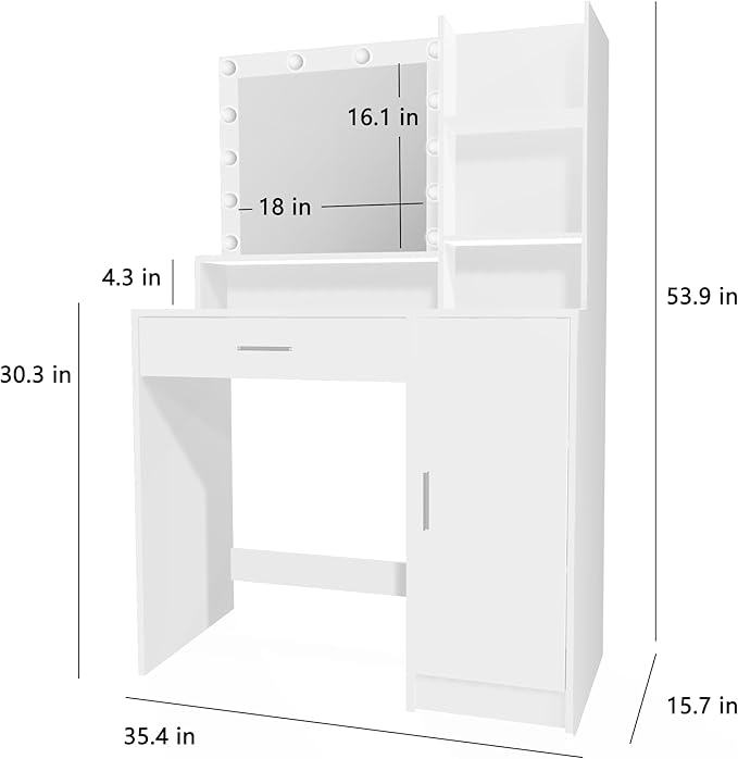 Palimder Vanity Desk with Mirror and Light, Large Drawer and Three Level Storage Dresser, 3 Lighting Modes Adjustable Brightness, Bedroom Dressing Table (White)