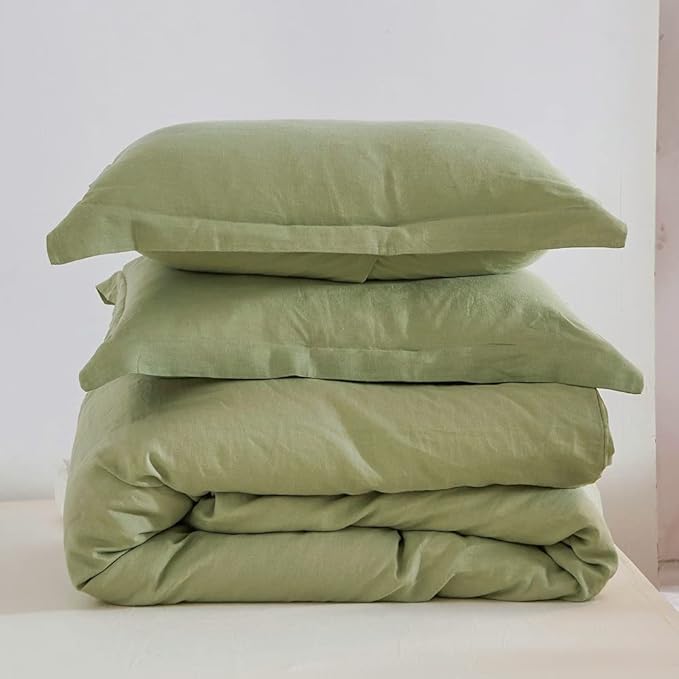 Simple&Opulence 100% Linen Duvet Cover Set 3pcs Basic Style Natural French Washed Flax Solid Color Soft Breathable Farmhouse Bedding with Button Closure - Sage Green, Queen